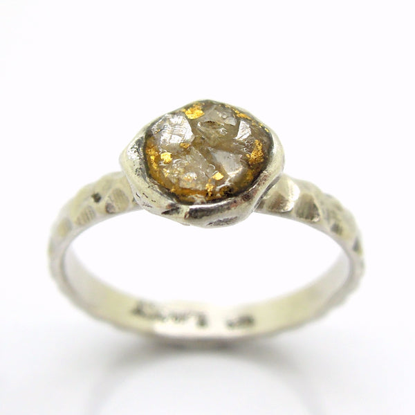 Raw diamond engagement ring, 24K gold base, silver band, unique design
