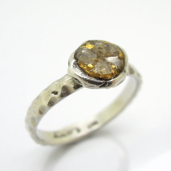 Raw diamond engagement ring, 24K gold base, silver band, unique design
