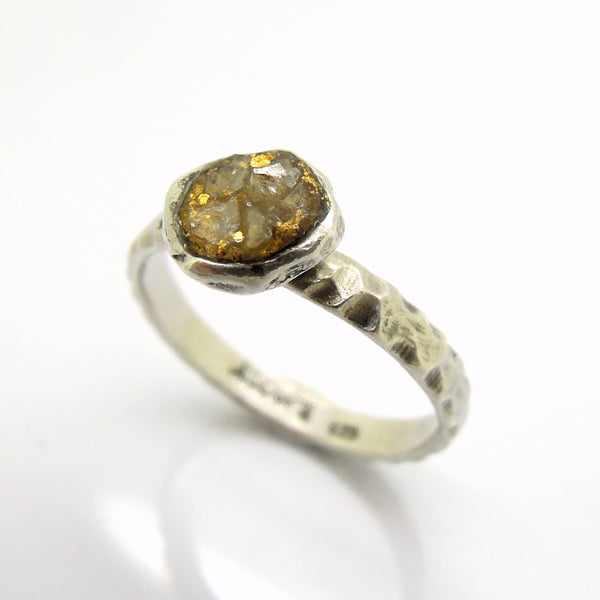 Raw diamond engagement ring, 24K gold base, silver band, unique design