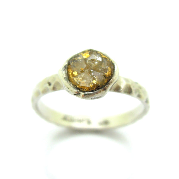Raw diamond engagement ring, 24K gold base, silver band, unique design