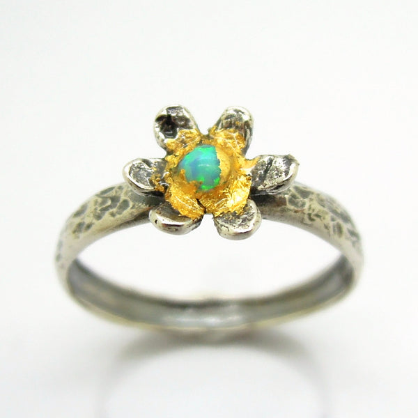 Flower ring with opal and 24K Yellow gold, Hammered sterling silver band