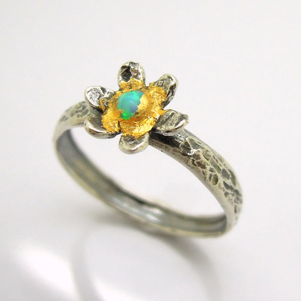 Flower ring with opal and 24K Yellow gold, Hammered sterling silver band