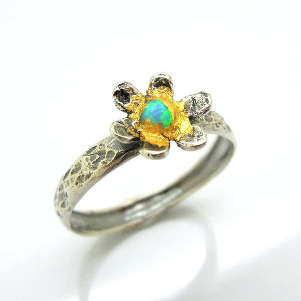 Flower ring with opal and 24K Yellow gold, Hammered sterling silver band