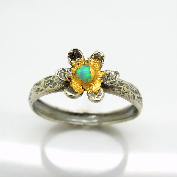 Flower ring with opal and 24K Yellow gold, Hammered sterling silver band