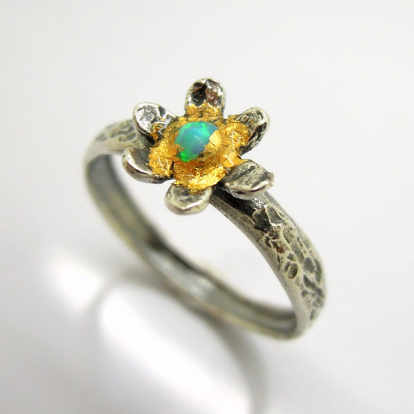 Flower ring with opal and 24K Yellow gold, Hammered sterling silver band
