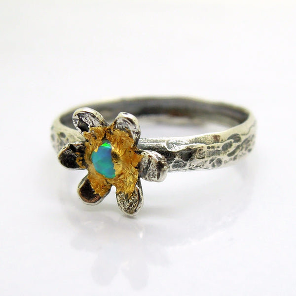 Flower ring with opal and 24K Yellow gold, Hammered sterling silver band