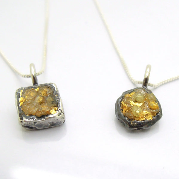 Raw diamond necklace pendant, 24K Yellow gold in oxidized silver, Silver chain included