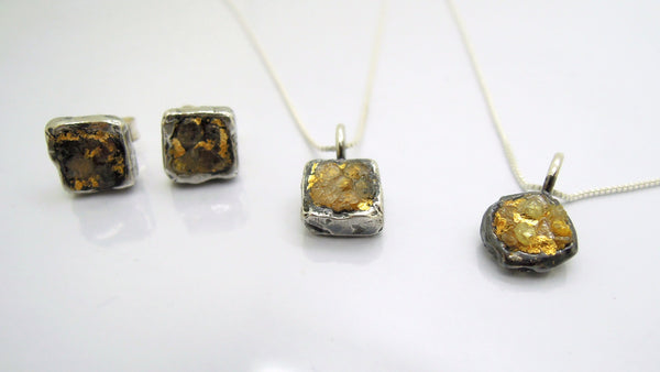 Raw diamond earrings, Square studs, 24K gold, silver post earrings, Unique design