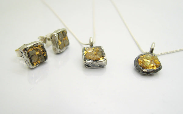 Raw diamond necklace pendant, 24K Yellow gold in oxidized silver, Silver chain included