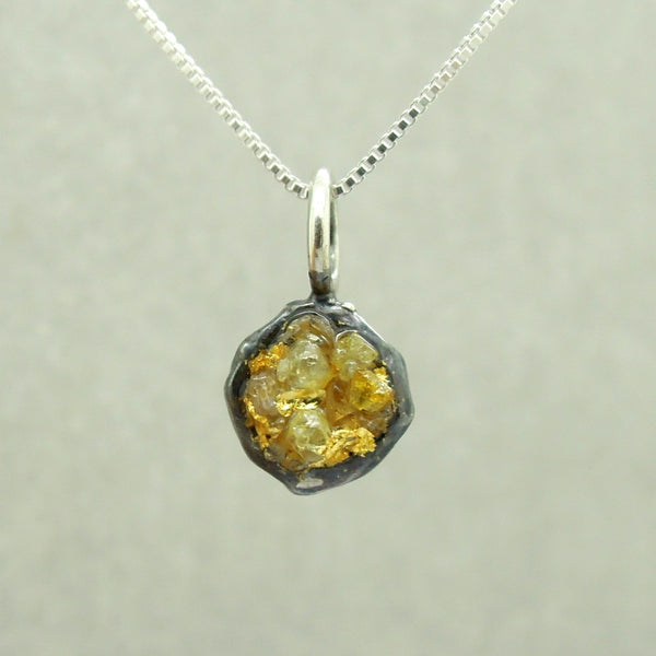 Raw diamond necklace pendant, 24K Yellow gold in oxidized silver, Silver chain included