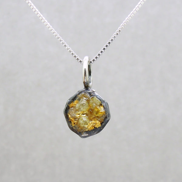Raw diamond necklace pendant, 24K Yellow gold in oxidized silver, Silver chain included