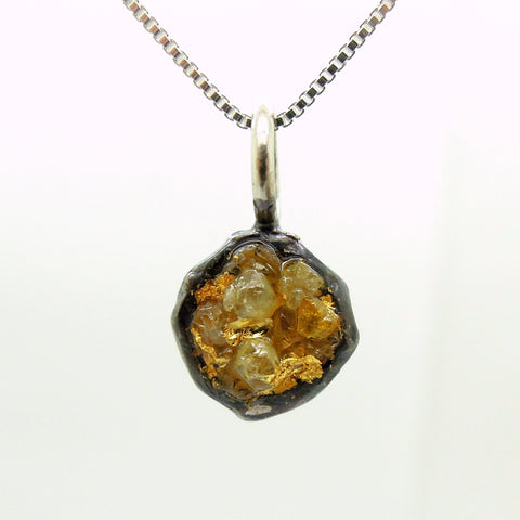 Raw diamond necklace pendant, 24K Yellow gold in oxidized silver, Silver chain included