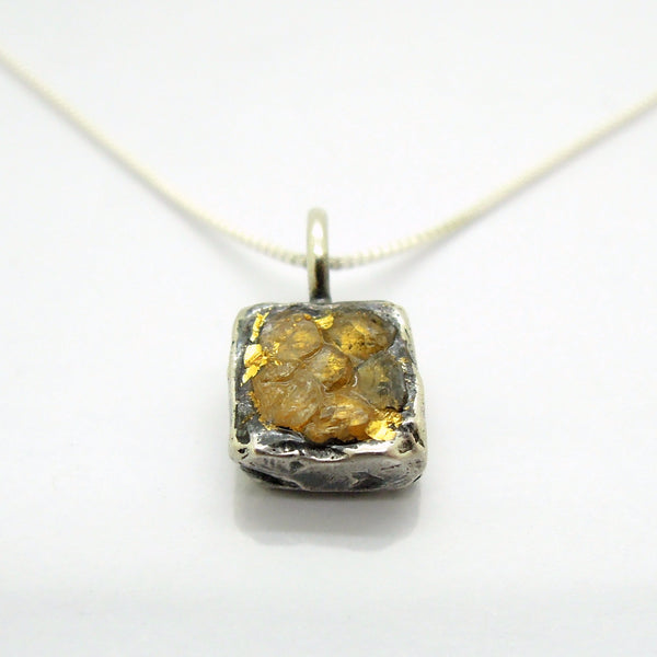 Raw diamond necklace pendant, Square pendant, 24K Yellow gold in oxidized silver, Silver chain included