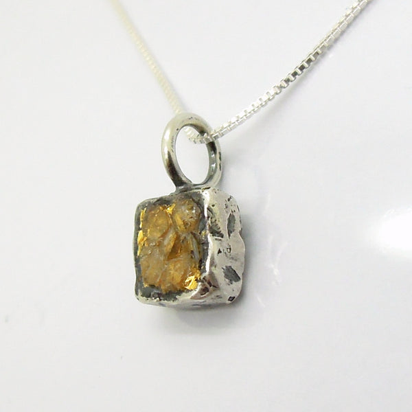 Raw diamond necklace pendant, Square pendant, 24K Yellow gold in oxidized silver, Silver chain included