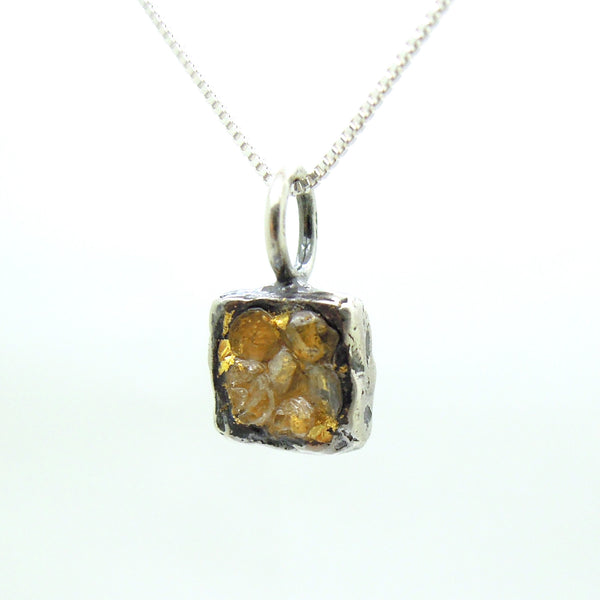 Raw diamond necklace pendant, Square pendant, 24K Yellow gold in oxidized silver, Silver chain included