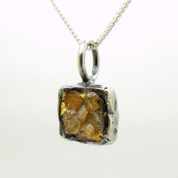 Raw diamond necklace pendant, Square pendant, 24K Yellow gold in oxidized silver, Silver chain included