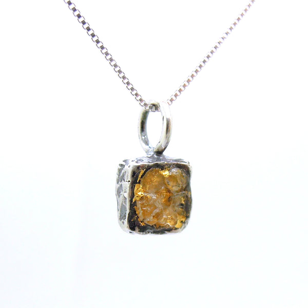 Raw diamond necklace pendant, Square pendant, 24K Yellow gold in oxidized silver, Silver chain included