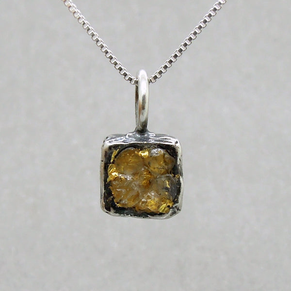 Raw diamond necklace pendant, Square pendant, 24K Yellow gold in oxidized silver, Silver chain included