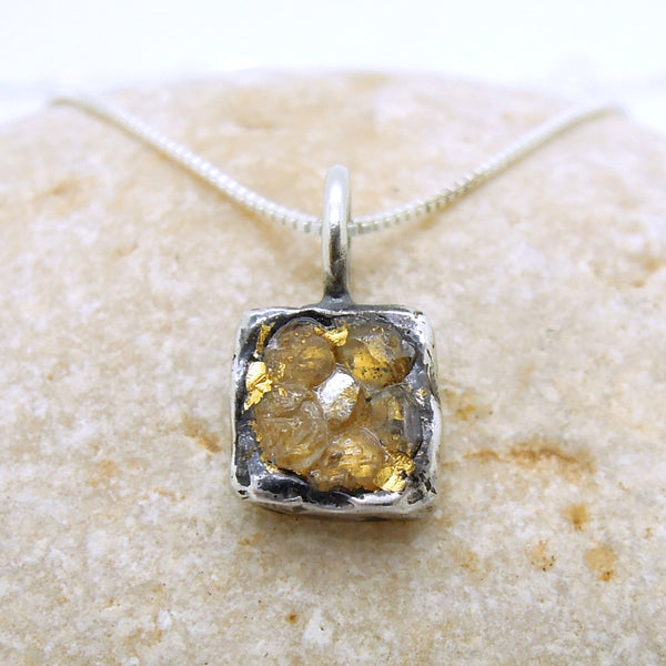 Raw diamond necklace pendant, Square pendant, 24K Yellow gold in oxidized silver, Silver chain included