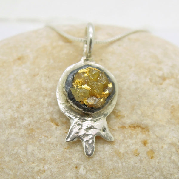 Raw diamond necklace pendant, Pomegranate shaped pendant, 24K Yellow gold in oxidized silver, Silver chain included