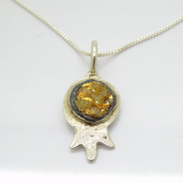 Raw diamond necklace pendant, Pomegranate shaped pendant, 24K Yellow gold in oxidized silver, Silver chain included