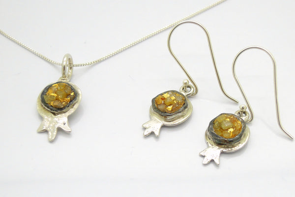 Raw diamond necklace pendant, Pomegranate shaped pendant, 24K Yellow gold in oxidized silver, Silver chain included
