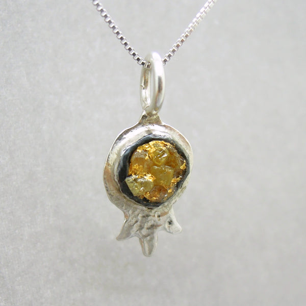 Raw diamond necklace pendant, Pomegranate shaped pendant, 24K Yellow gold in oxidized silver, Silver chain included