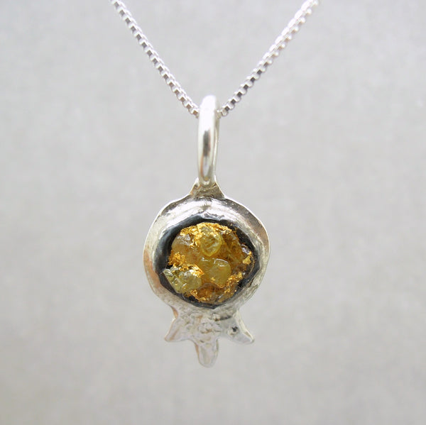 Raw diamond necklace pendant, Pomegranate shaped pendant, 24K Yellow gold in oxidized silver, Silver chain included