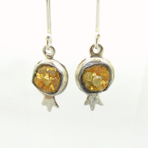 Raw diamond earrings, Pomegranate shape, 24K gold, silver dangle earrings, Unique design