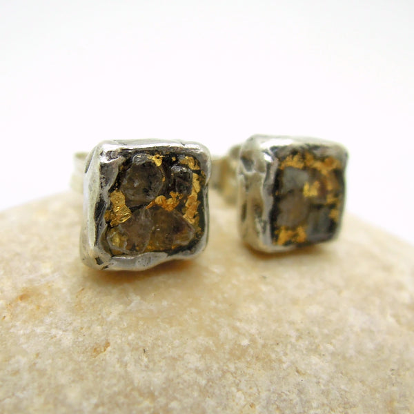 Raw diamond earrings, Square studs, 24K gold, silver post earrings, Unique design