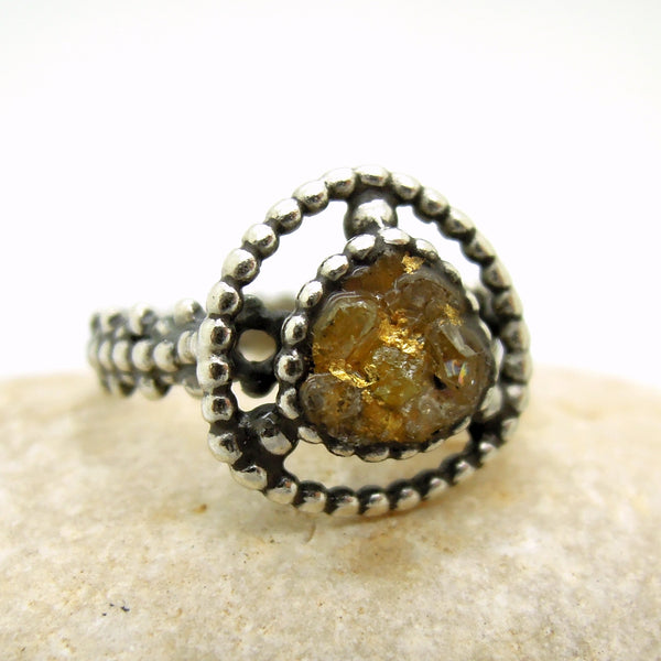 Raw diamond ring, 24K gold base, silver band, unique design