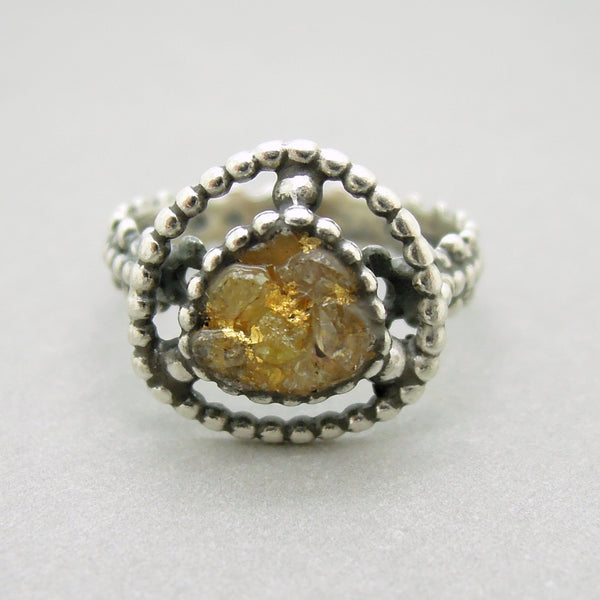 Raw diamond ring, 24K gold base, silver band, unique design