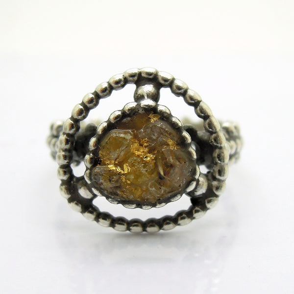 Raw diamond ring, 24K gold base, silver band, unique design