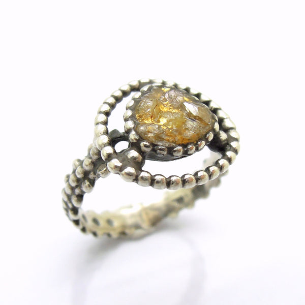 Raw diamond ring, 24K gold base, silver band, unique design