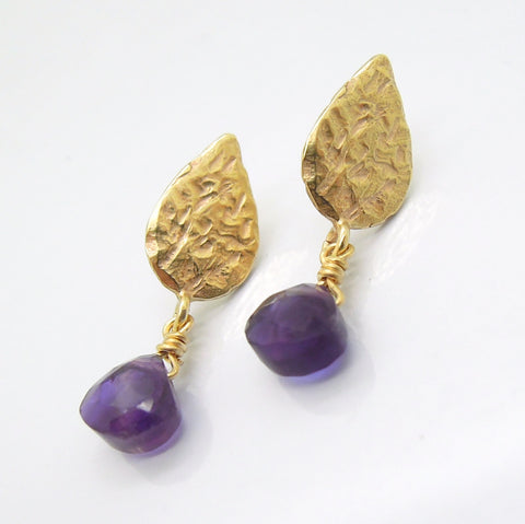 Drop amethyst earrings, gold earrings, Hammered dangle earrings