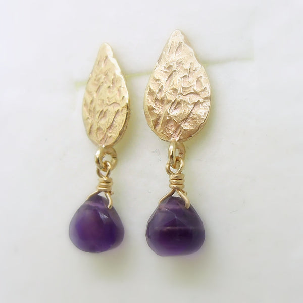 Drop amethyst earrings, gold earrings, Hammered dangle earrings