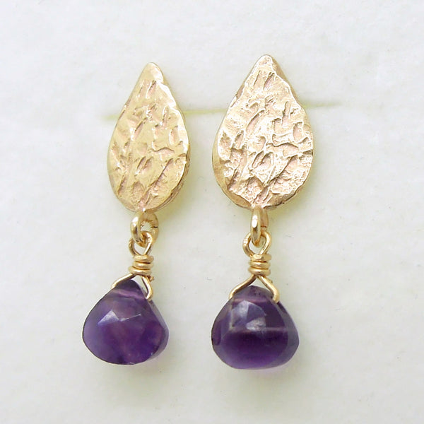 Drop amethyst earrings, gold earrings, Hammered dangle earrings