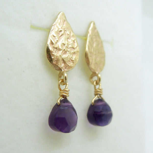 Drop amethyst earrings, gold earrings, Hammered dangle earrings