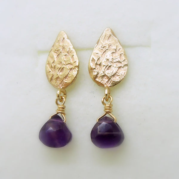 Drop amethyst earrings, gold earrings, Hammered dangle earrings