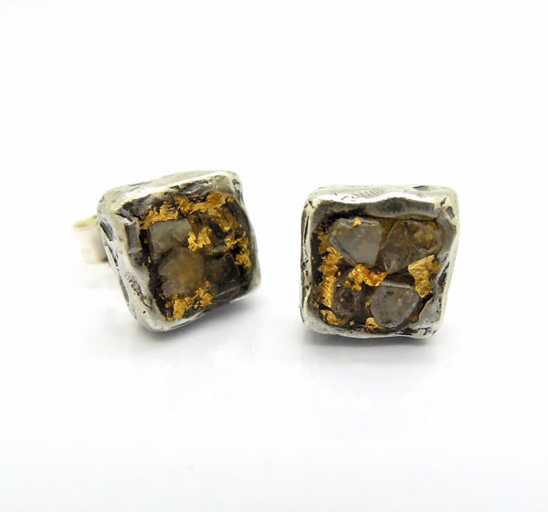 Raw diamond earrings, Square studs, 24K gold, silver post earrings, Unique design