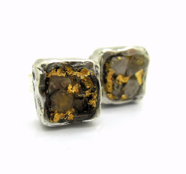 Raw diamond earrings, Square studs, 24K gold, silver post earrings, Unique design