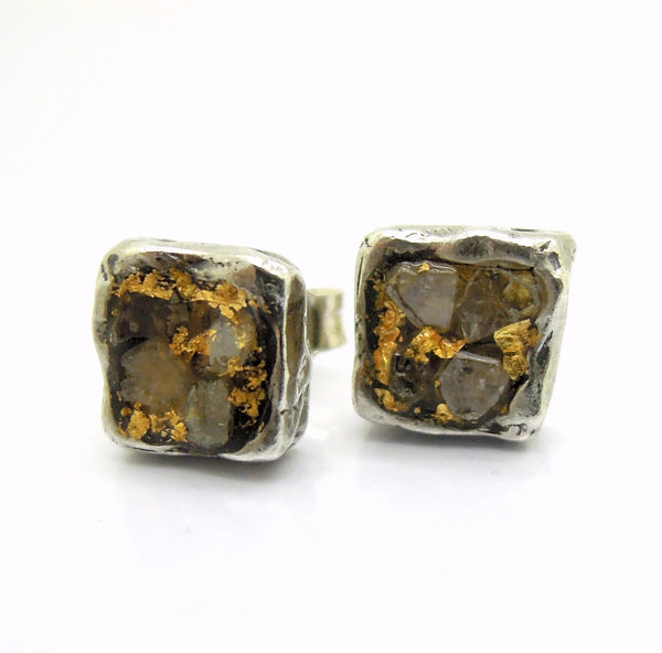 Raw diamond earrings, Square studs, 24K gold, silver post earrings, Unique design