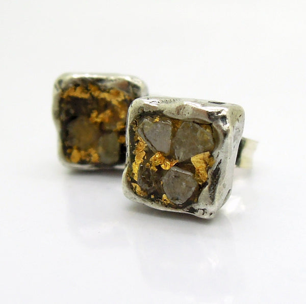 Raw diamond earrings, Square studs, 24K gold, silver post earrings, Unique design