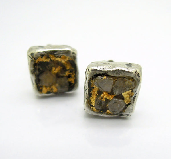 Raw diamond earrings, Square studs, 24K gold, silver post earrings, Unique design