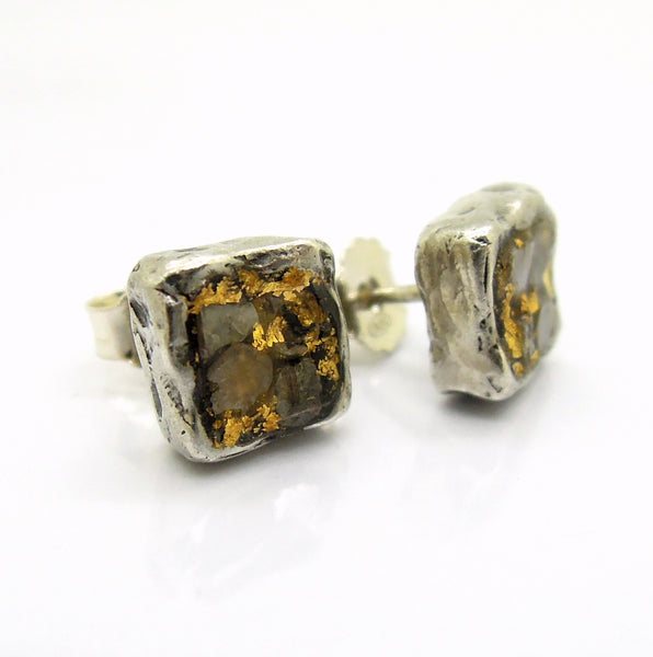 Raw diamond earrings, Square studs, 24K gold, silver post earrings, Unique design