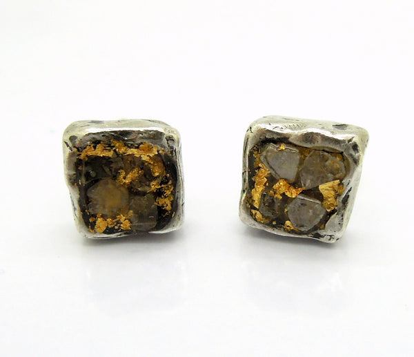 Raw diamond earrings, Square studs, 24K gold, silver post earrings, Unique design