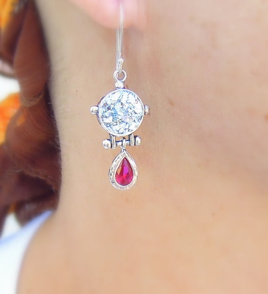 Red zircon silver and roiman glass earrings