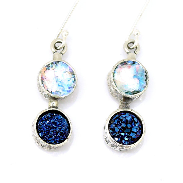 Blue Druzy agate and Roman glass circle earrings (410013)