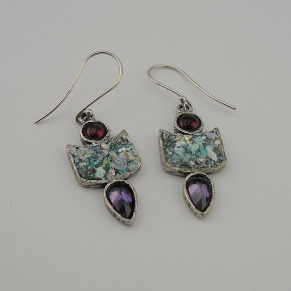 Roman glass earrings , israeli earrings ,Gemstone earrings with Amethyst , (2002e