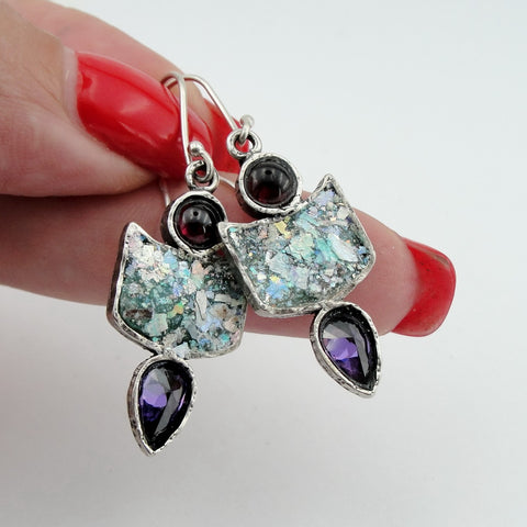 Roman glass earrings , israeli earrings ,Gemstone earrings with Amethyst , (2002e